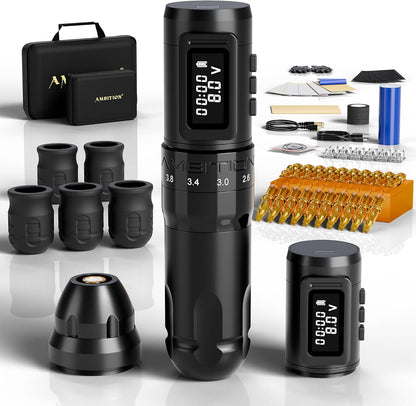 Ambition Mars-U Tattoo Kit Draadloze Tattoo Pen met Dubbele 1800mAh Batterijen, Verstelbare Slag en 20 Glory Naaldpatronen in Gemengde Maten voor Professionals en Beginners