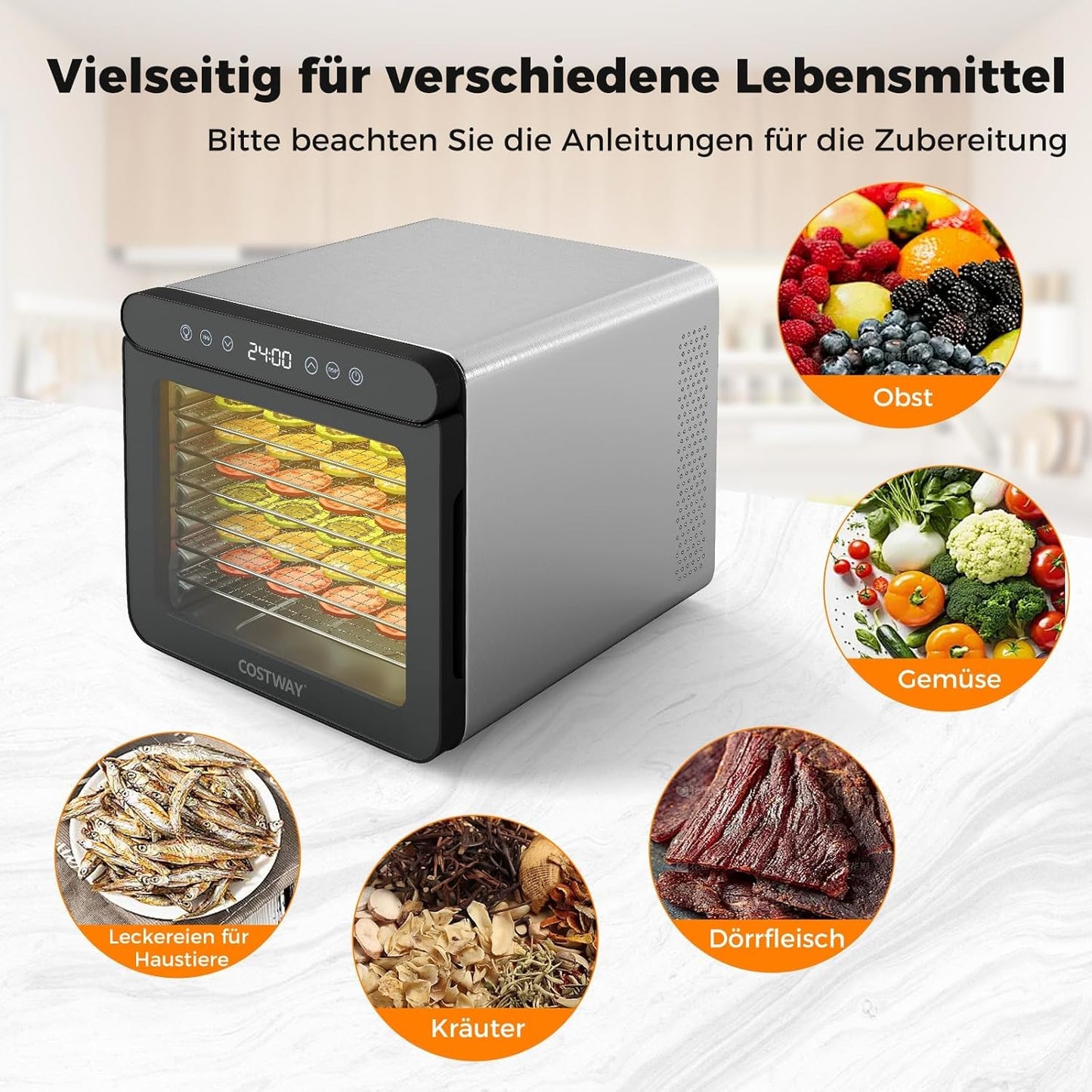 FANTASK Voedseldroger met 7 roestvrijstalen schalen, droogautomaat met 24-uurs timer en temperatuur van 30-75 °C, 600 W droogmachine voor vlees, groenten en fruit, 34 x 40,5 x 32 cm