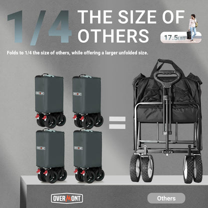 Overmont Opvouwbare festivaltrolley - 150 kg capaciteit opvouwbare wagen voor camping strand tuin picknick winkelen, zware kar met verstelbare handgreep en all-terrain wielen en rem, grijs