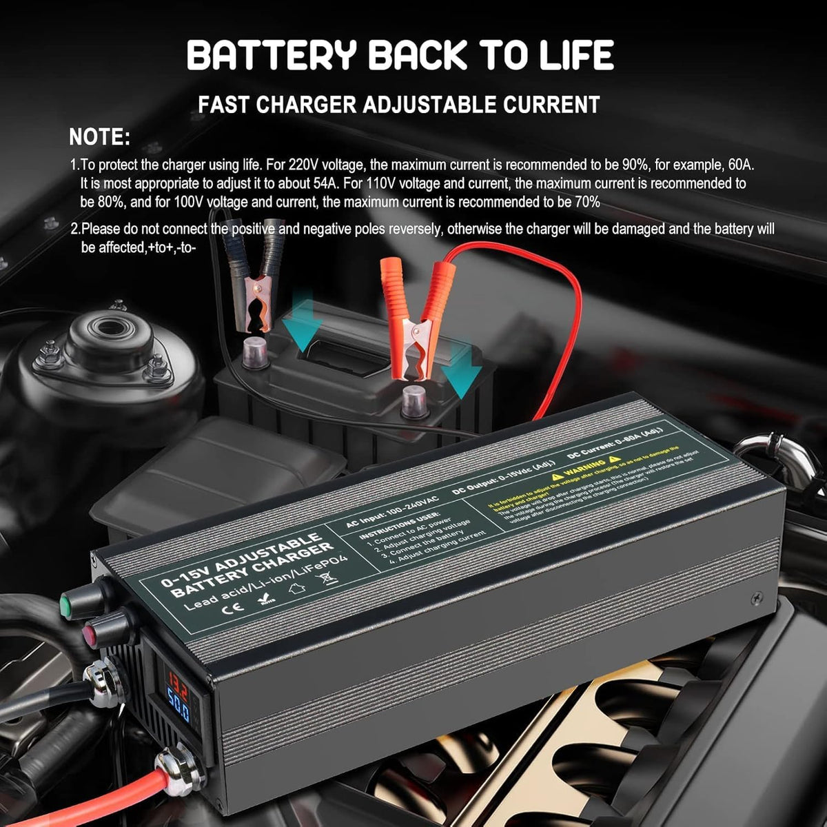 14,6V 60A LiFePO4 Acculader – Batterijlader – Accu Lader – Lithium Batterijlader – Snel Oplader – Instelbaar 0-15V/0-60A – Veilig Met Aluminium Behuizing – LCD Display Met Laadstatus