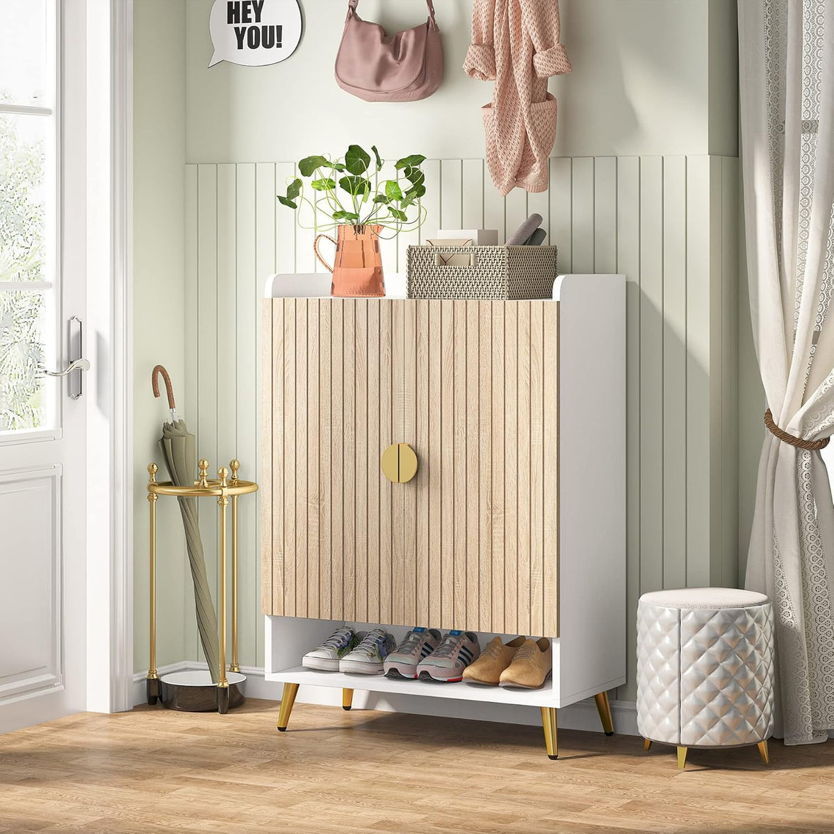 Tribesigns Shoe Cabinet with Doors, 7 Tier Shoe Storage Cabinet with Adjustable Shelves, Wooden Shoe Rack, Shoe Storage for Entrance, Hallway, Closet, Living Room, Wood and Gold