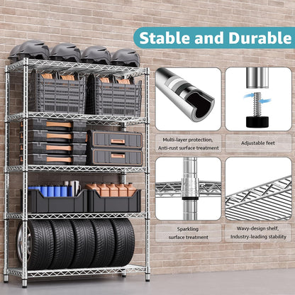 MZG Stalen Opslagrekken 5-Tier Utility Rekken Unit Stalen Organizer Draadrek voor Thuis, Keuken, Kantoor, Garage, 17,7 "D x 47,2 "B x 72,3 "H