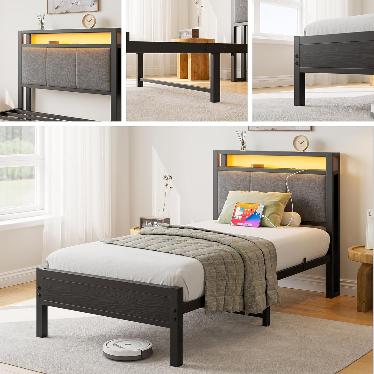 Bedframe met laadstation, robuust metaal, met opberghoofdeinde van houten stof, bijzetbed, kinderbed, eenpersoonsbed, metaal, met lattenframe, 90 x 200 cm,
