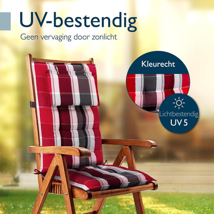 Beautissu Set van 8 Premium Hoge Rugleuning Kussen met Hoofdkussen 120x50 cm Sun-HL – UV-bestendig & 8cm Dik Kussen Tuinstoelkussen Antislip Bevestigingsbanden – Stevige Stof Rood Antraciet Gestreept