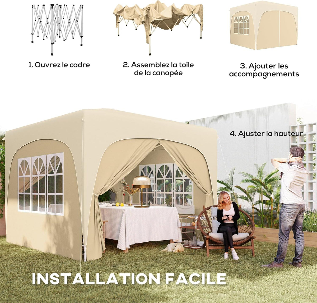 Outsunny Outdoor Gazebo 3 x 3 m Pop Up Folding Height Adjustable with Carry Bag UPF50+ Protection Folding Gazebo for Camping, Festival, Patio, Sand - QUORE