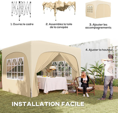 Outsunny Outdoor Gazebo 3 x 3 m Pop Up Folding Height Adjustable with Carry Bag UPF50+ Protection Folding Gazebo for Camping, Festival, Patio, Sand - QUORE