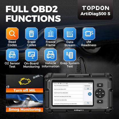 TOPDON OBD2 Code Reader Scanner ArtiDiag500S, Motor/ABS/SRS/Transmissie Auto Diagnostic Tool, 5 Reset Services voor Olie/BMS/Bloeding/DPF/Gasklepaanpassing, Gratis levenslange upgrade, AutoVin