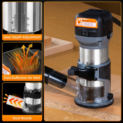 FoxAlien 1 HP 710W 65mm Diameter Compacte Palm Router voor CNC Houtbewerking, 6 Variabele Snelheden Max 30000 R/MIN Hout Trimmer met 1/4" Collet (220V)