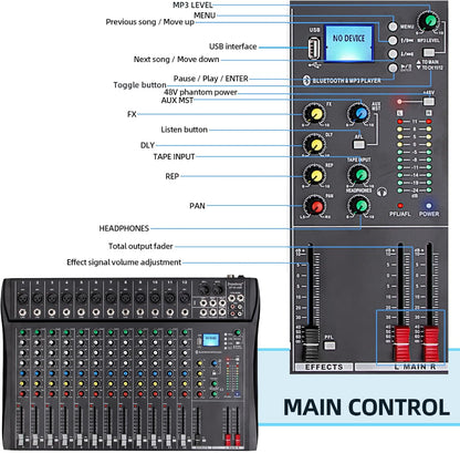 12-Kanaals Audiomixer – Mengpaneel – DJ-Mixer – Mengtafel – Muziekmixer – Bluetooth Draadloos Streamen – +48V Fantoomvoeding