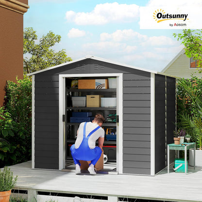 Outsunny Garden Shed 4.4 m2, Garden Shed with Saddle Roof, Sliding Door, Foundation, Easy Assembly, 240 x 206 x 198 cm, Garden Shed Made of Galvanized Steel, Weatherproof, for Garden, Dark Grey - QUORE