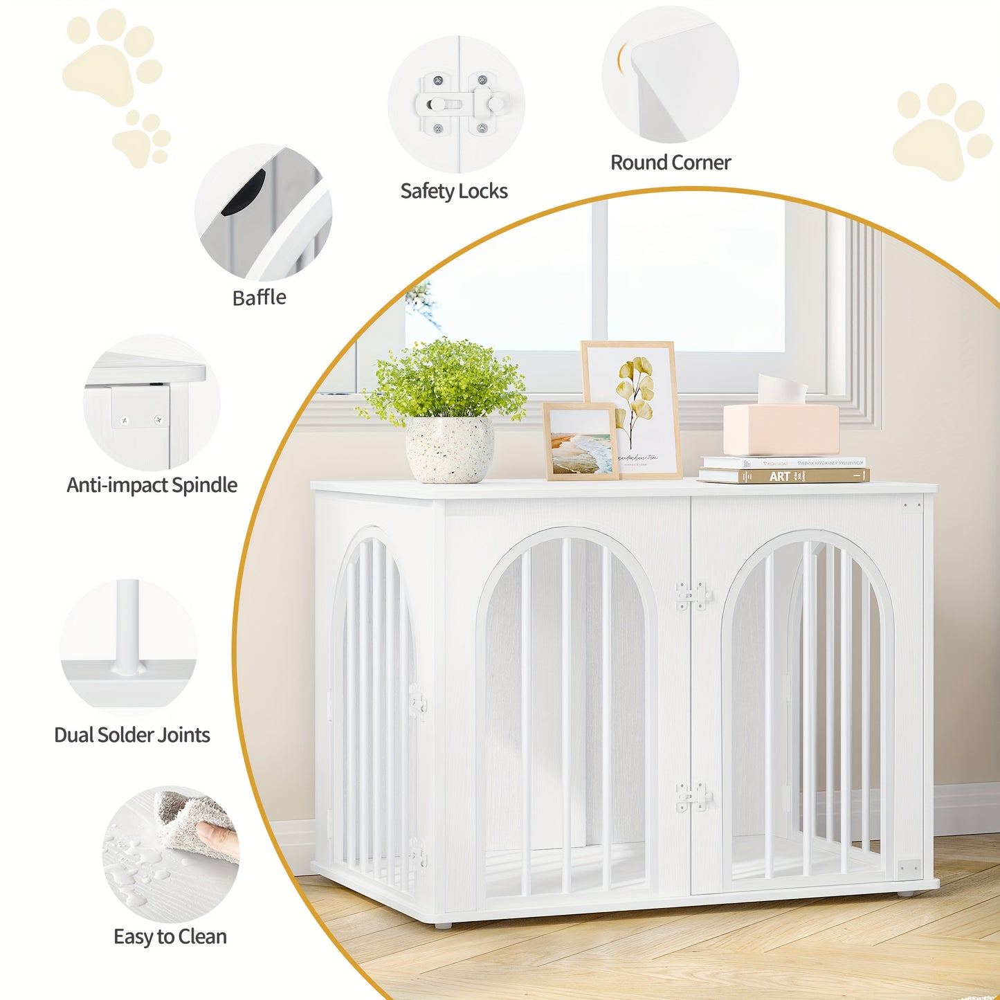 Modern 80cm Large Dog Crate Furniture with 3-Arched Doors & Side Table - Sturdy Iron Construction, Spacious Indoor Kennel for Small to Medium Dogs, Multi-Functional Pet House with Storage, Decorative Design (Grey) - 80x56x61c - QUORE