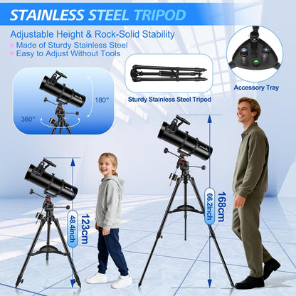 Reflector telescoop 150EQ voor volwassenen en beginners, professionele astronomische telescoop met equatoriaal frame, smartphonehouder, statief, stofhoes en draagtas