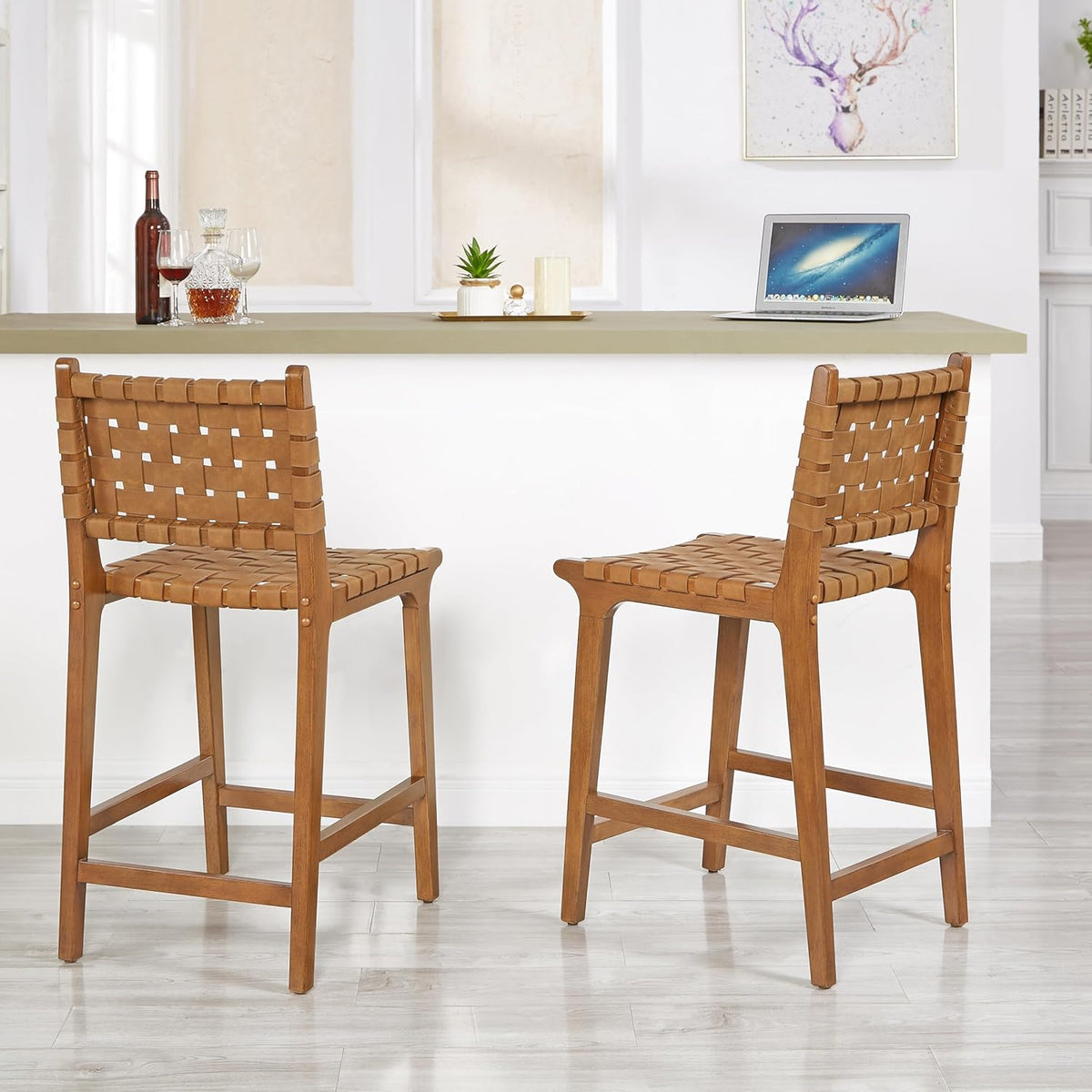 Ball & Cast PU lederen geweven tegenkruk, houten frame keuken eiland barkruk met voetsteun, rugleuning geweven kruk-stoel voor dineren, bruin