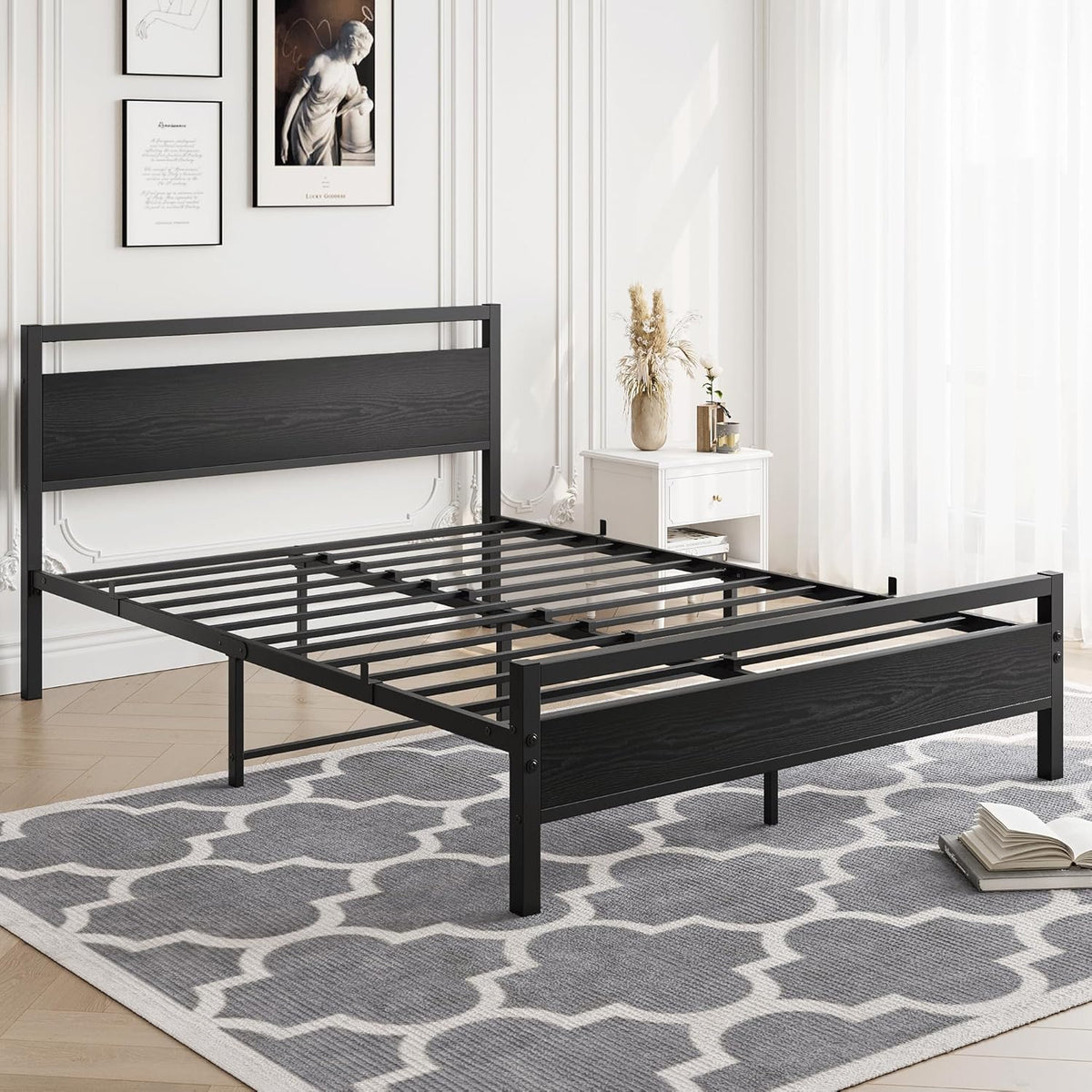 HOJINLINERO 4ft6 dubbele bedframes met houten hoofdeinde, metalen platform bedframe, dubbele bedbodem, geen boxspring nodig, matrasstichting, industriële verbeterde stalen latten ondersteuning voor