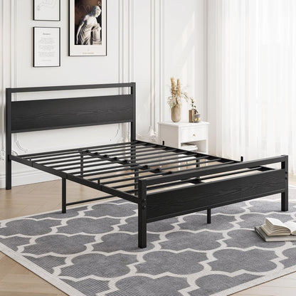 HOJINLINERO 4ft6 dubbele bedframes met houten hoofdeinde, metalen platform bedframe, dubbele bedbodem, geen boxspring nodig, matrasstichting, industriële verbeterde stalen latten ondersteuning voor
