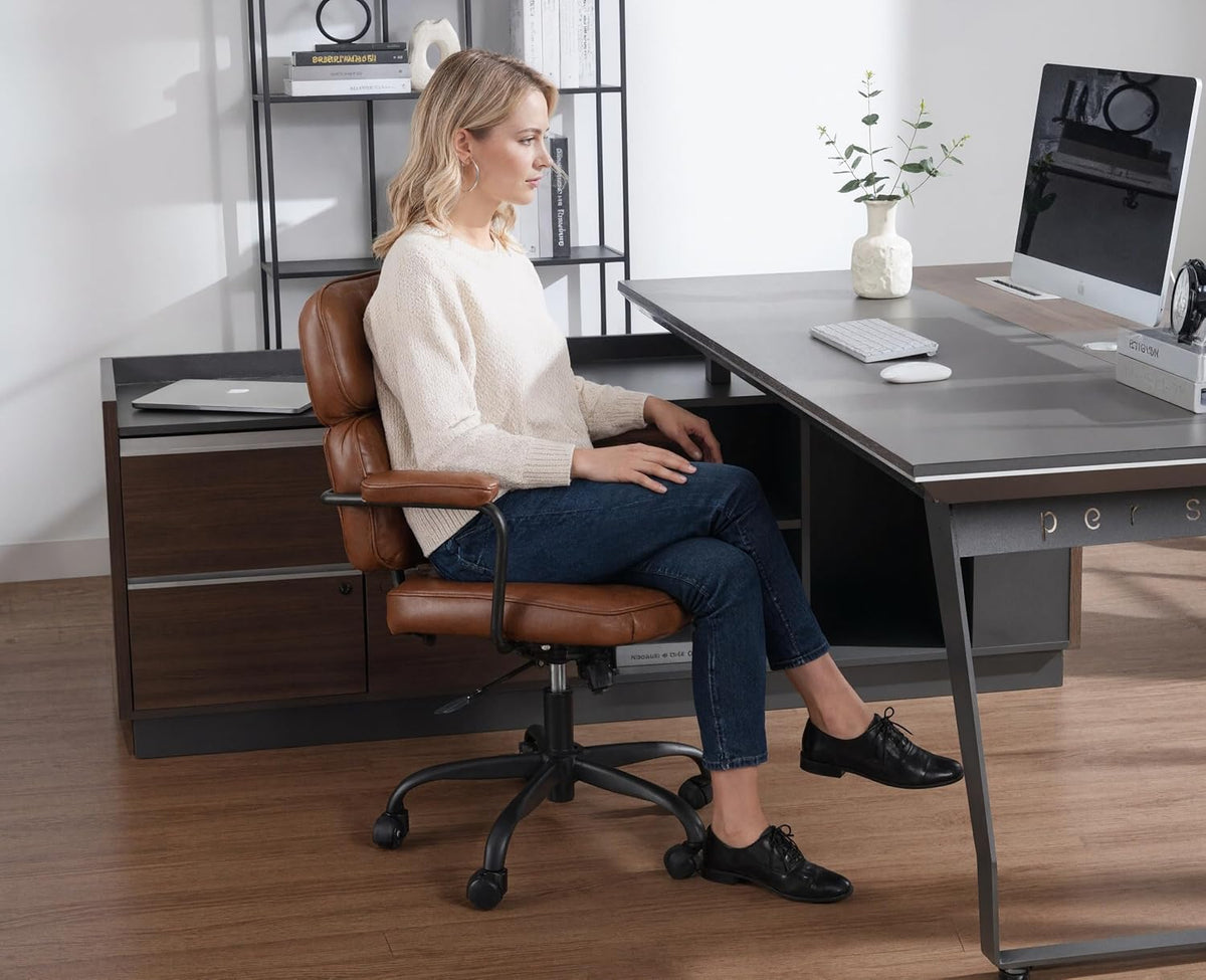Thuisbureaustoel – Bureaustoel – Werkstoel – Computerstoel – Draaibare Stoel – Ergonomisch Ontwerp – Hoogteverstelbaar PU-Leer – Verlengde Rugleuning – Stil Verrijdbaar Onderstel
