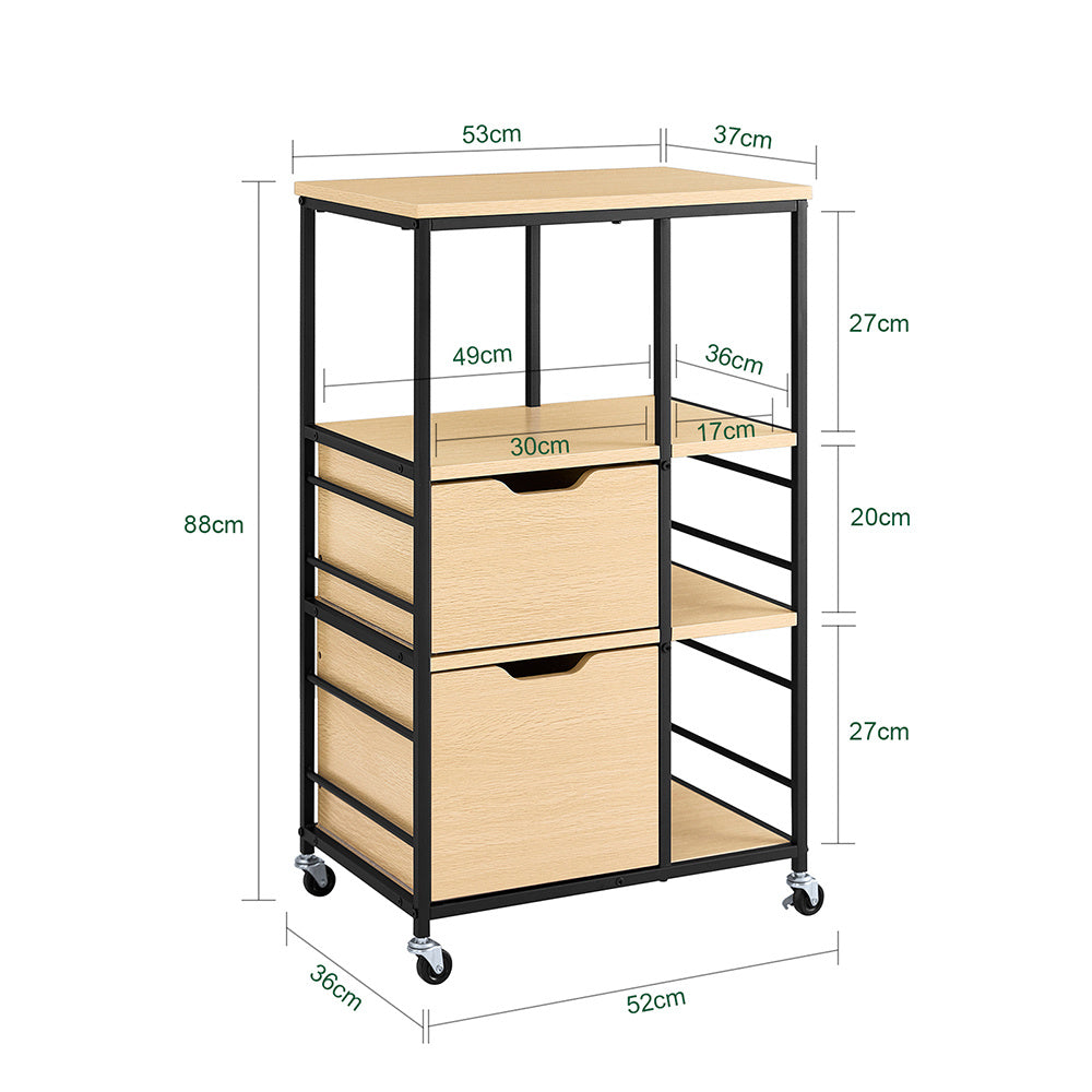 Serveerwagen – Keukenwagen – Serveerwagen Met Wielen – Trolley – Bijzettafel – Industrieel Design – 2 Lades En 3 Open Planken – Compact 89x53x37 Cm