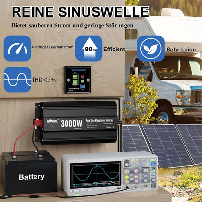 GIANDEL 3000 W omvormer, 12 V naar 230 V, zuivere sinus, spanningsomvormer, compatibel met LifePO4 Power Inverter met afstandsbediening en USB-aansluitingen, voor camper, vrachtwagen, caravan, camping