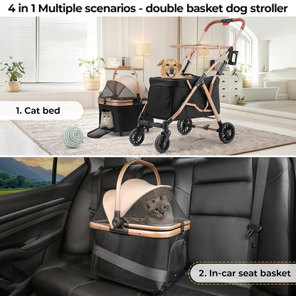 Hondenbuggy – Huisdierenbuggy – Wandelwagen – Duwwagen – Buggy voor Kleine Honden – 2-laags Dubbele Mand – Opvouwbaar – Inclusief Transporttas