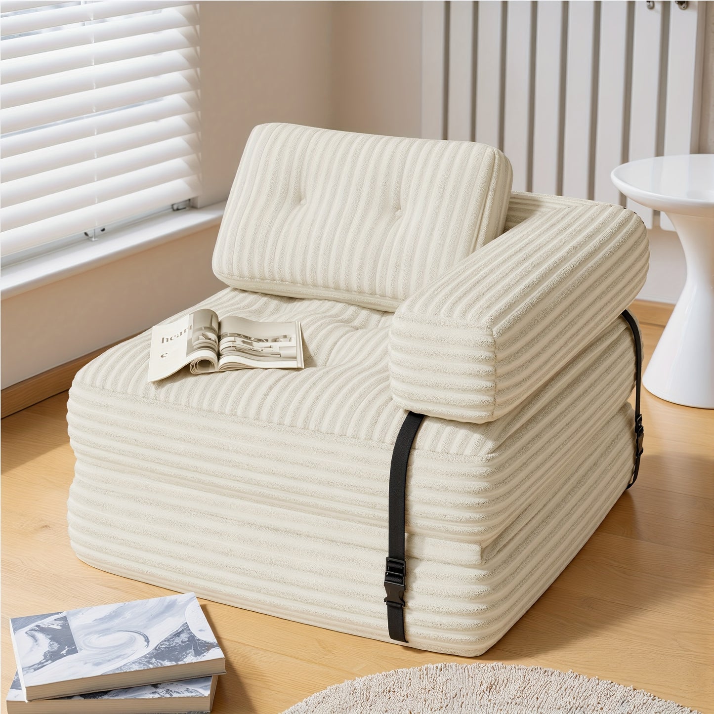 2-in-1 Relaxfauteuil – Lounge Stoel – Fauteuil Met Rugleuning – Zitfauteuil – Slaapstoel – Beige Kleur – Pluche Kussens – Antislip Basis