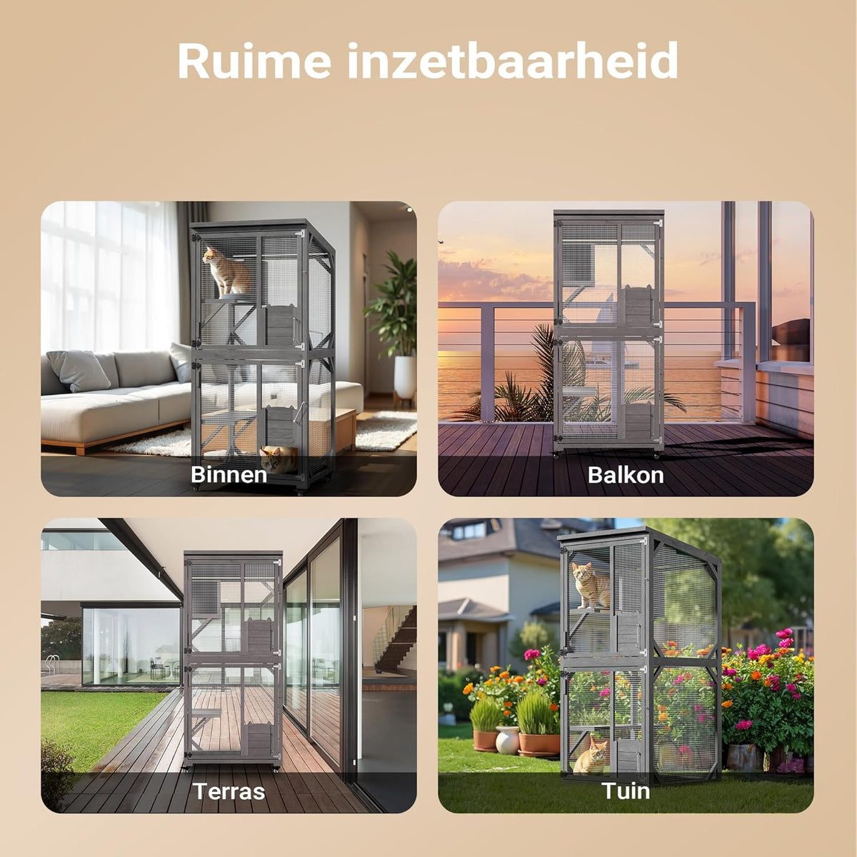 Wiltec buitenverblijf voor katten 74 x 78 x 180 cm, kattenvolière van dennenhout, kattenhuis met 3 niveaus en wielen, kattenverblijf voor tuin, balkon, kattenhut voor katten en dieren