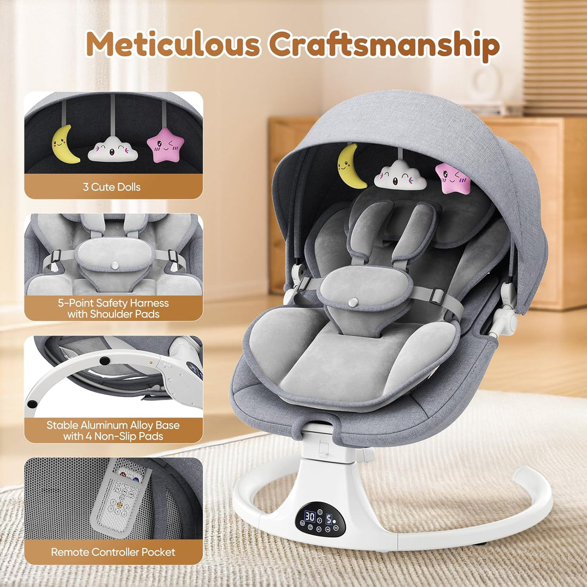 Babyschommel voor baby's tot peuter, elektrische pasgeboren schommel met 5-versnellingen, 3-zitplaatsen, 5-punts karabijnhaak, met Bluetooth-muziek, 10-vooraf ingestelde melodieën, binnen en buiten - QUORE