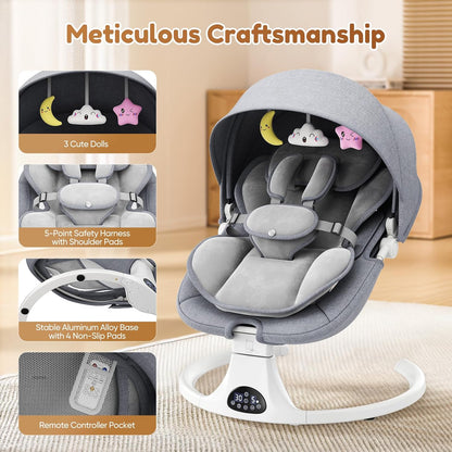 Babyschommel voor baby's tot peuter, elektrische pasgeboren schommel met 5-versnellingen, 3-zitplaatsen, 5-punts karabijnhaak, met Bluetooth-muziek, 10-vooraf ingestelde melodieën, binnen en buiten - QUORE