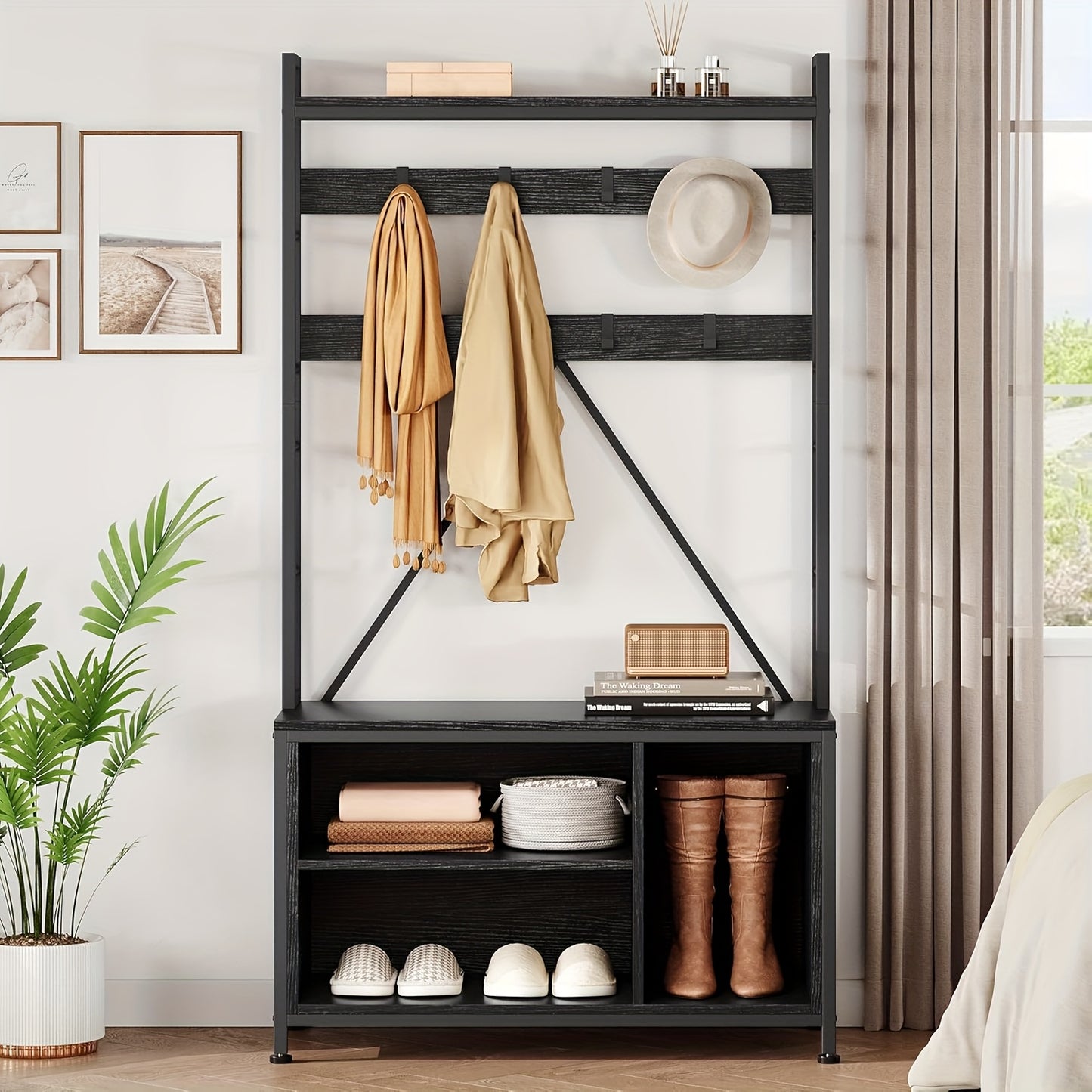 Industrial 5-in-1 Hall Tree with Bench - Black Hardwood & Metal Entryway Organizer, 136.08KG Capacity Coat Rack with Shoe Storage Cubbies, Hooks, Shelves & Umbrella Holder for Hallway, Living Room, Closet, Durable Constructio