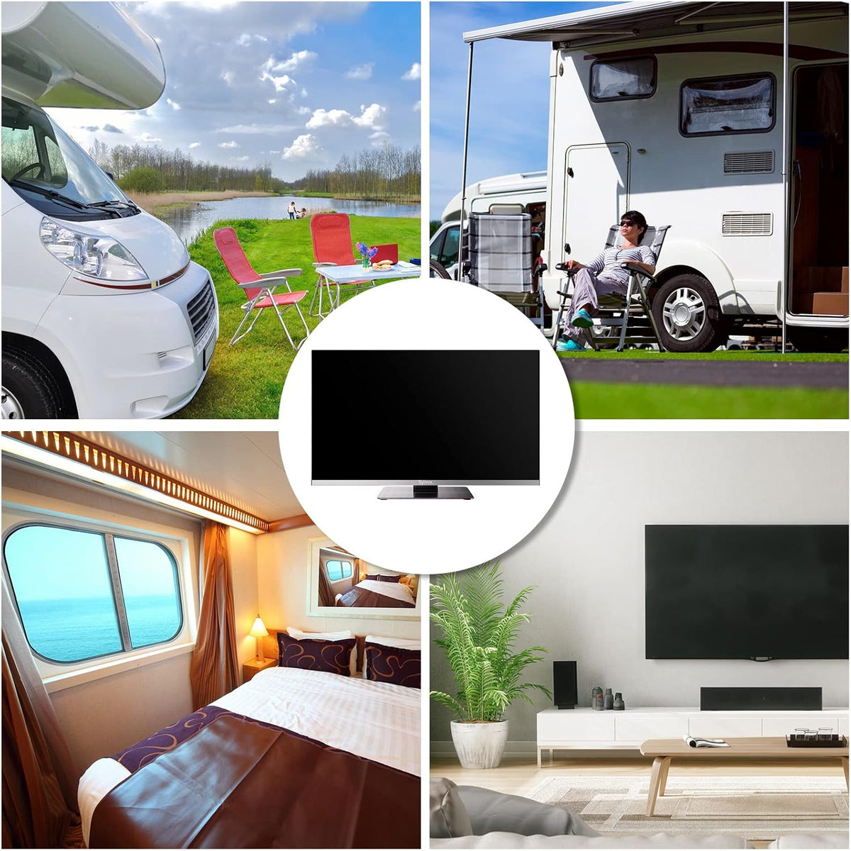SYLVOX 32 inch smart-tv voor campers, Ingebouwde dvd-speler, Android TV Sat-satellietontvanger, 12 Volt voor camper en vrachtwagen 1080P FHD, ondersteunt wifi Bluetooth, 2 HDMI en 2 USB, frameloos