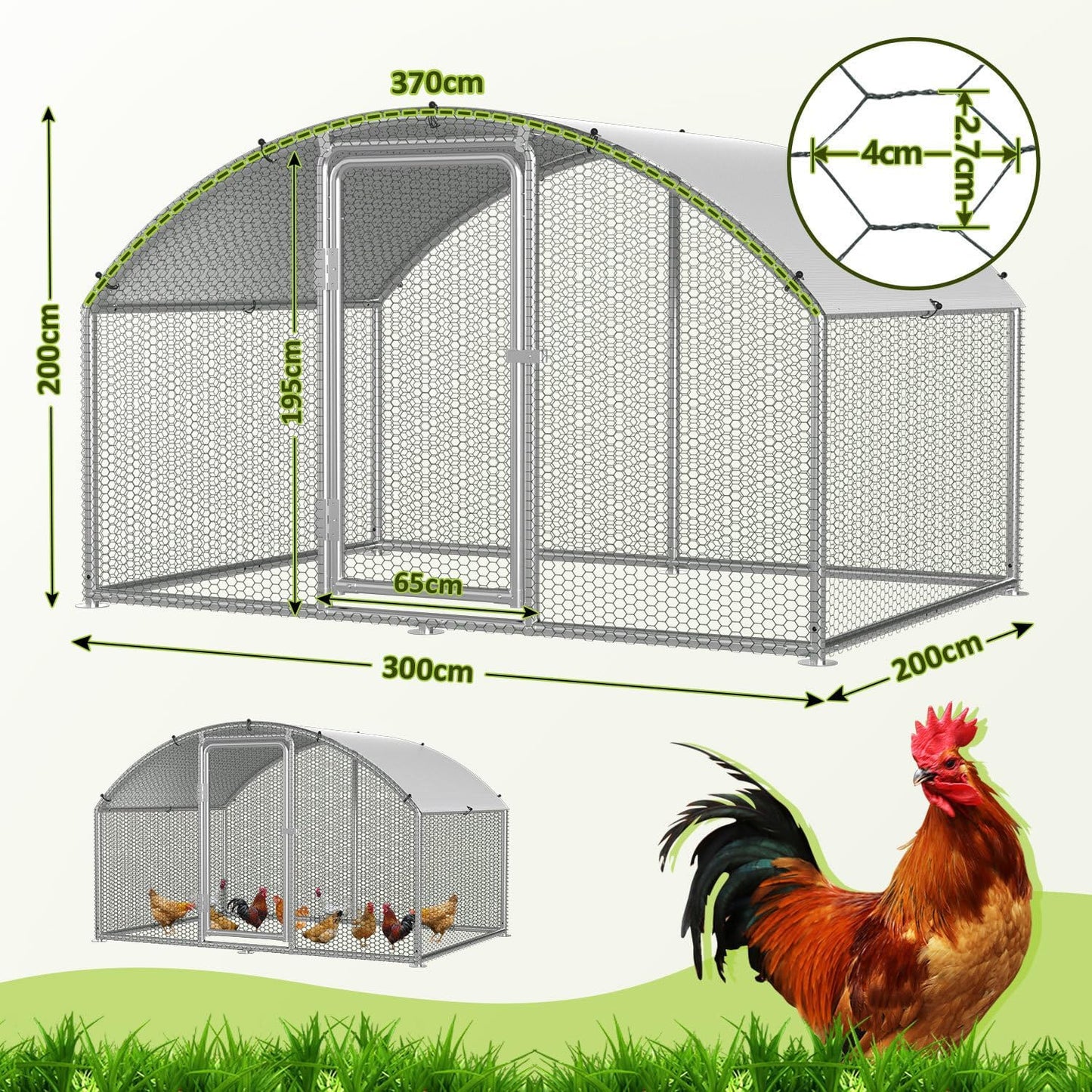 Chicken Coop Outdoor Run 3 x 2 x 2 m Chicken Coop Dome Roof Galvanised Steel Poultry Stable for Chickens, Rabbits, Geese and Pigeons and Quails, Metal Run with Net - QUORE