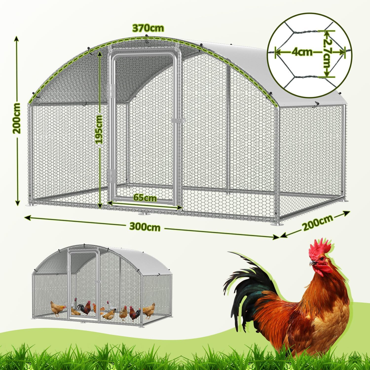Chicken Coop Outdoor Run 3 x 2 x 2 m Chicken Coop Dome Roof Galvanised Steel Poultry Stable for Chickens, Rabbits, Geese and Pigeons and Quails, Metal Run with Net - QUORE