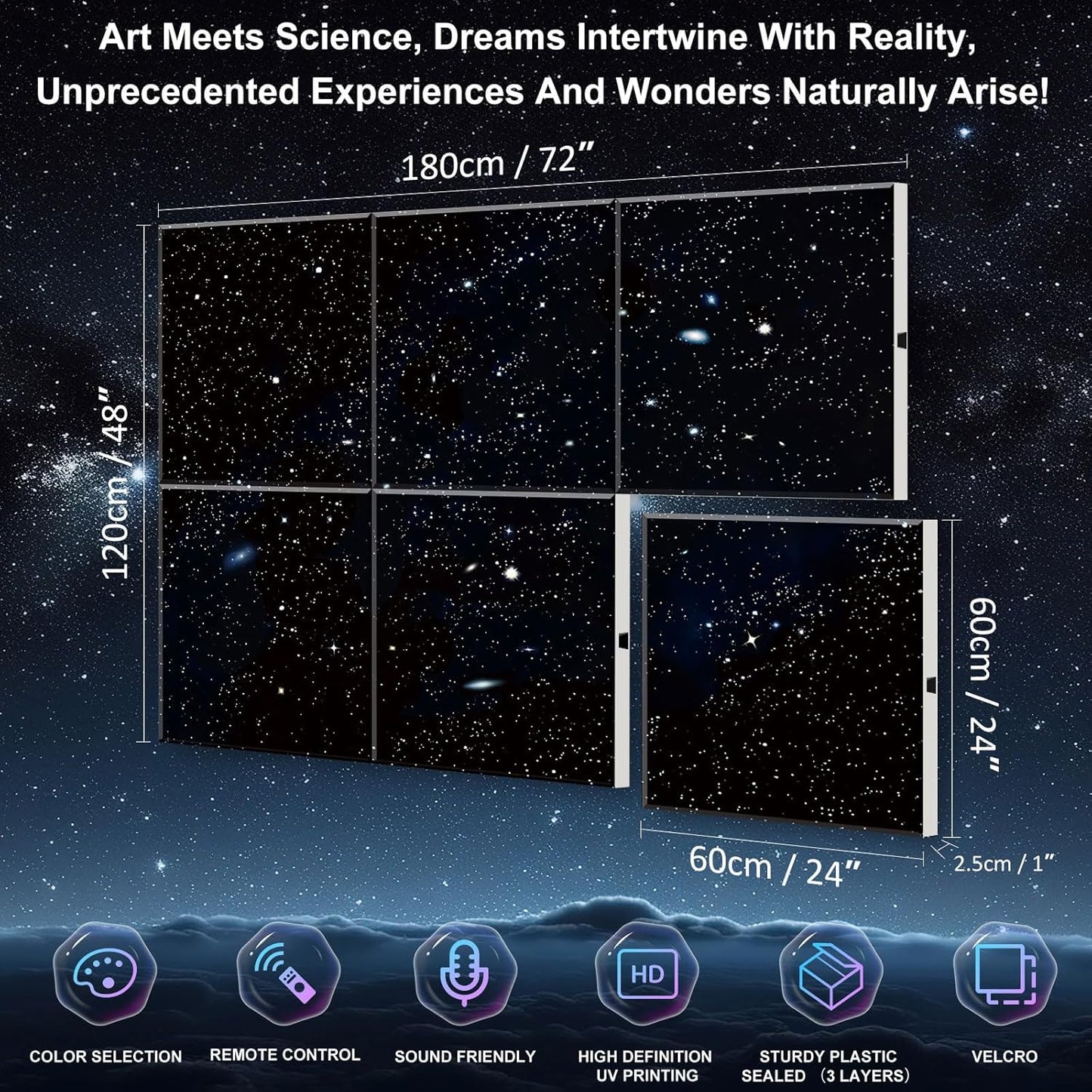 Akoestische wandpanelen set van 6 – Akoestische panelen – Geluidsabsorberende panelen – Geluidsdempende panelen – Wandpanelen – Zelfklevend – 180 x 120 cm met sterrenhemel effect