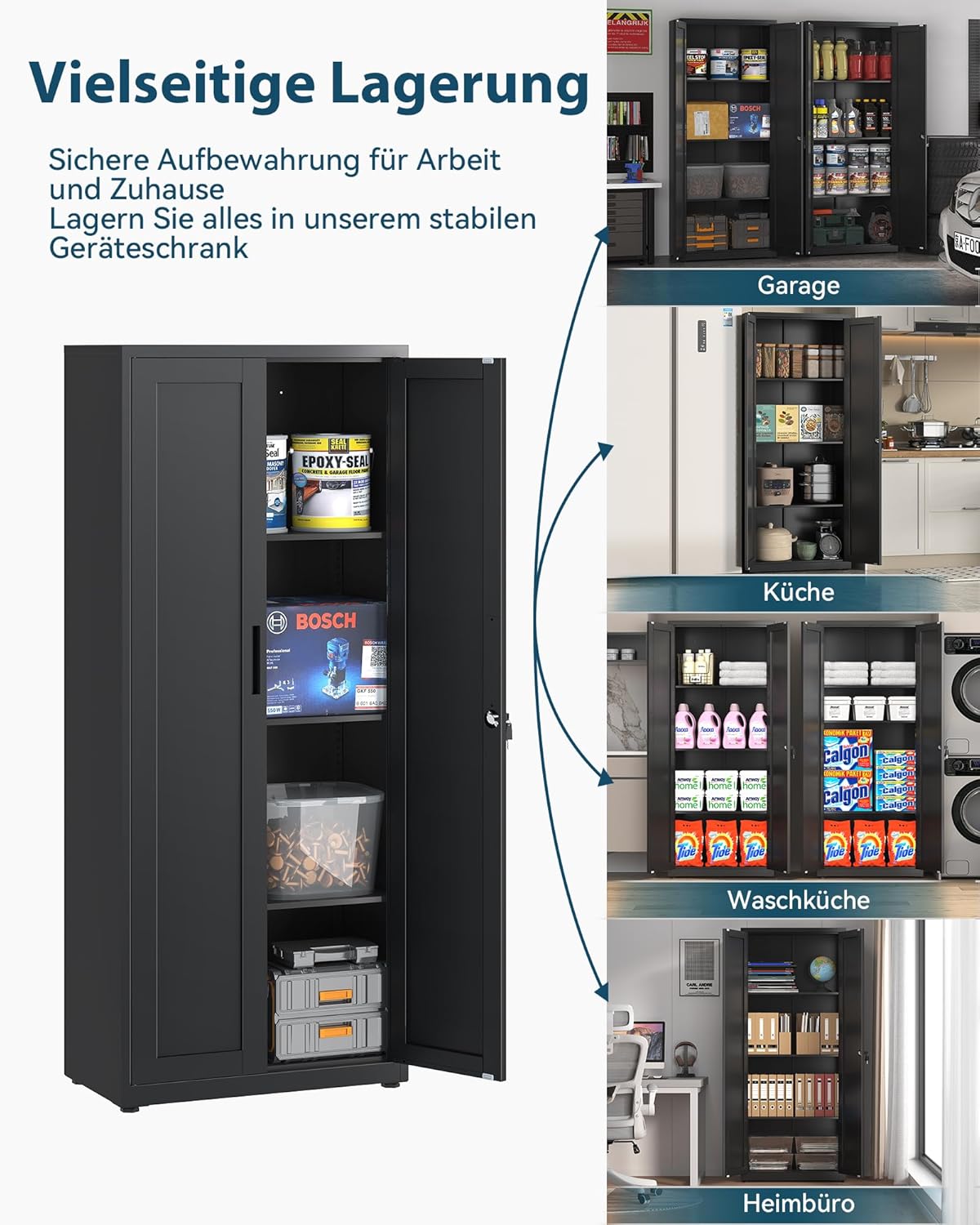 Dossierkast, afsluitbare garagekast, 3 niveaus, bureaukast, werkplaatskast met verstelbare planken, voor kantoor, garage en bijkeuken, 40 x 75 x 181,5 cm, zwart