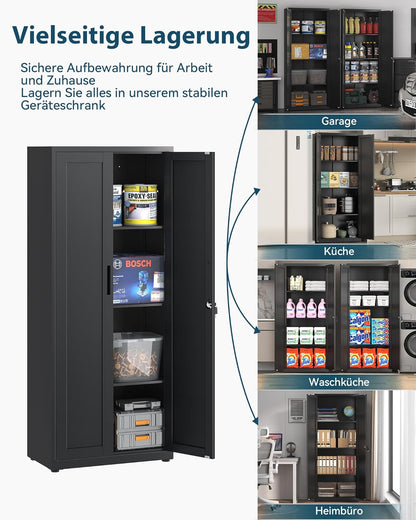 Dossierkast, afsluitbare garagekast, 3 niveaus, bureaukast, werkplaatskast met verstelbare planken, voor kantoor, garage en bijkeuken, 40 x 75 x 181,5 cm, zwart