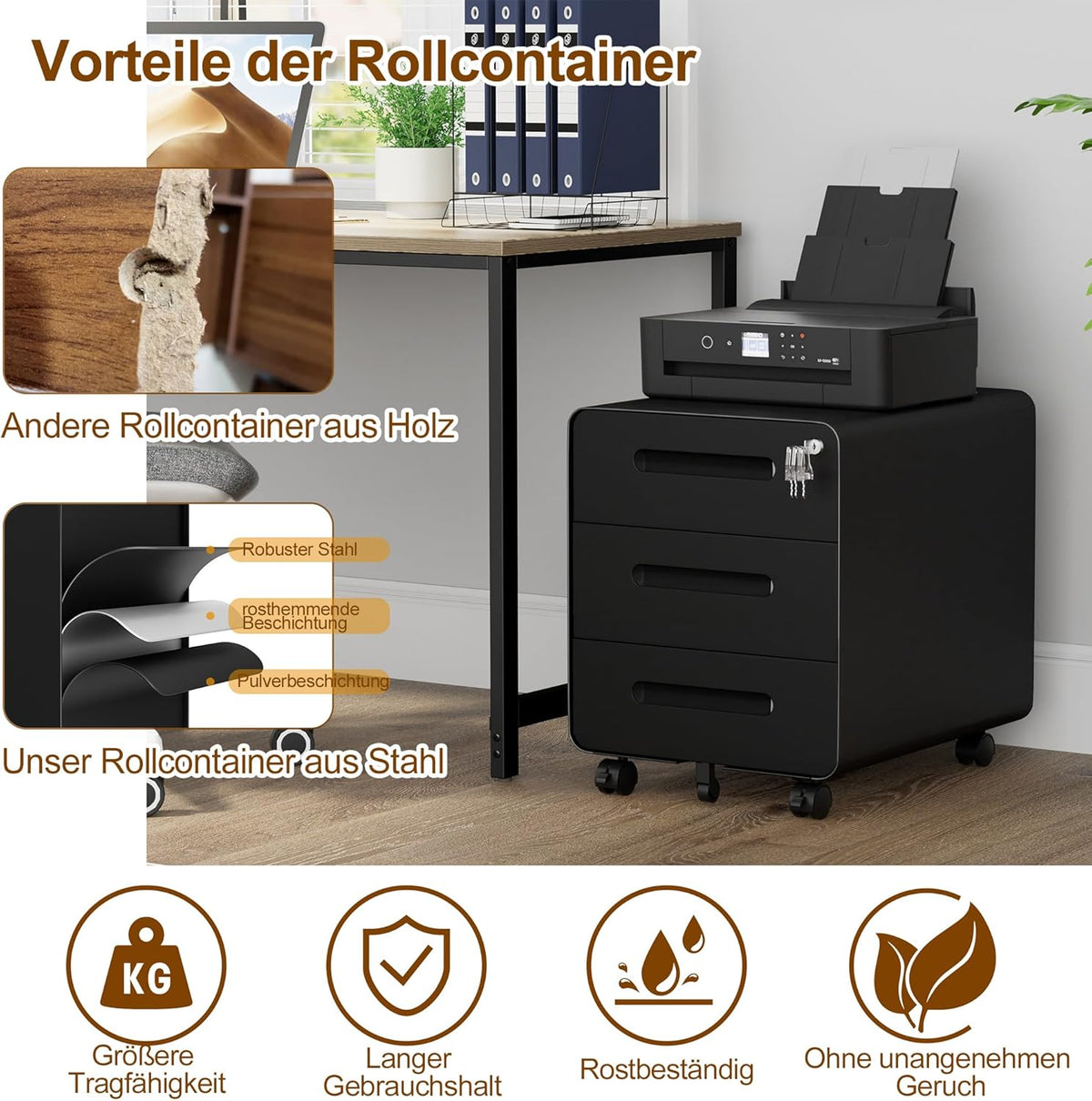 Rollcontainer, mobiele archiefkast, afgeronde hoek, 3 laden, 40 x 46 x 48,6 cm, zwart OFC033B01HI