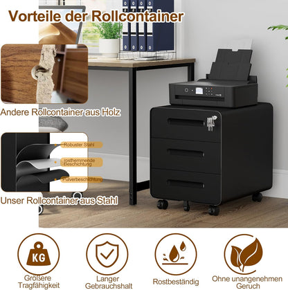 Rollcontainer, mobiele archiefkast, afgeronde hoek, 3 laden, 40 x 46 x 48,6 cm, zwart OFC033B01HI