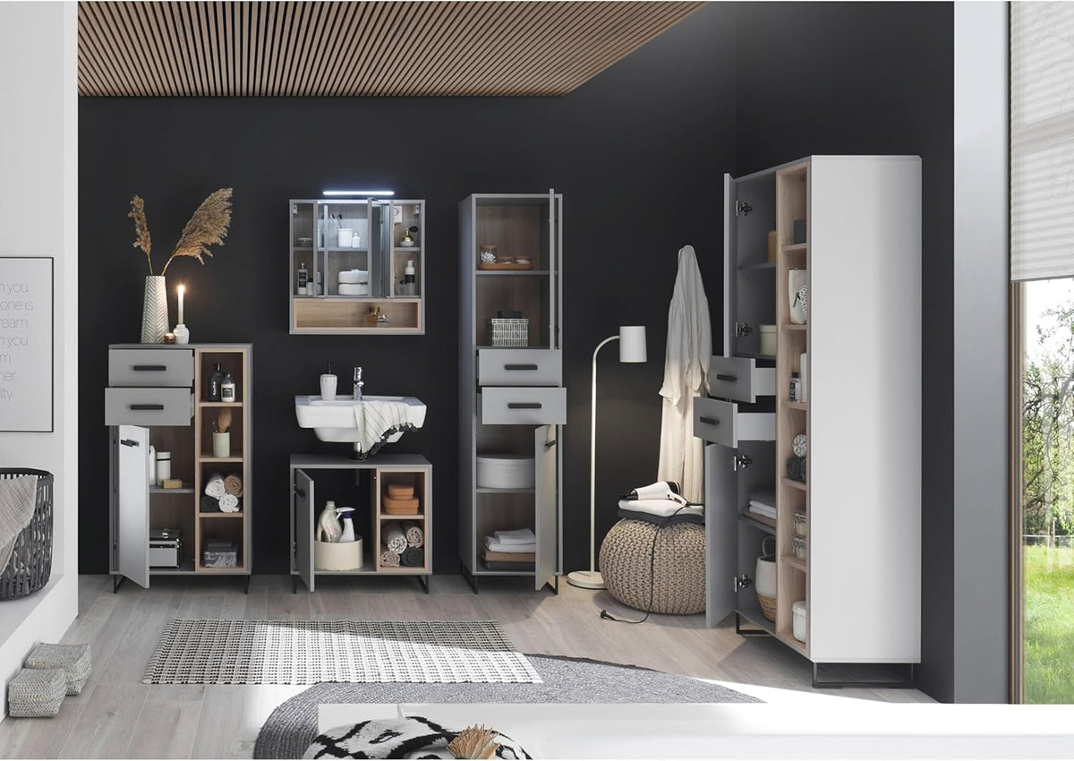 Stella Trading Tunis badkamercommode in grijs/eiken sonoma-look, badkamerkast met veel opbergruimte, houtmateriaal