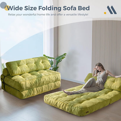 MAXYOYO Folding Sofa Bed, Convertible Sleeping Chair with Pillow, Mattress with Back Support, Portable Chair Bed, Comfortable Lounge for Living Room, Bedroom, Green, Double