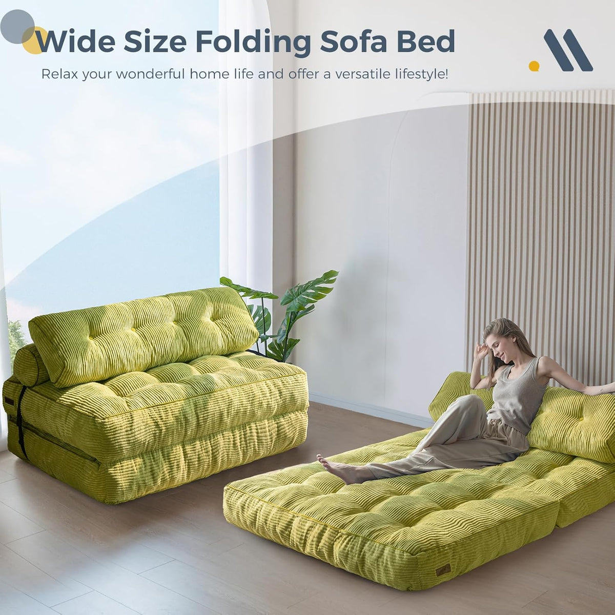 MAXYOYO Opvouwbare slaapbank, converteerbare slaapstoel met kussen, matras met rugleuning, draagbare stoel-bed-comfortabele vloerbank, lounge voor woonkamer, slaapkamer, groen, dubbel