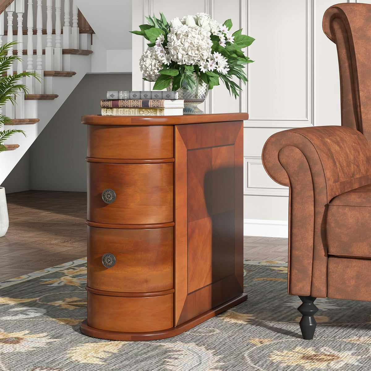 Tribesigns Wooden Side Table Set of 2, Narrow Solid Side Table 2-Drawer Slim Chair Side Table, No Assembly Required, Finished Backing, Walnut