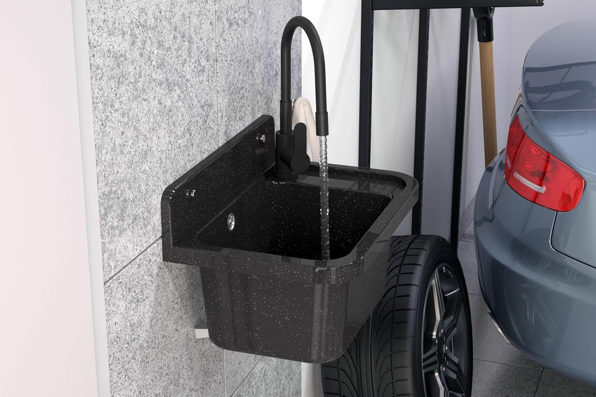 Granitan Gootsteen voor garage, kelder, werkplaats en waskeuken, universele wastafel met sifon, wastafel, wandmontage, 50 x 34 x 31 cm (zwart + wastafelarmatuur FLEX)