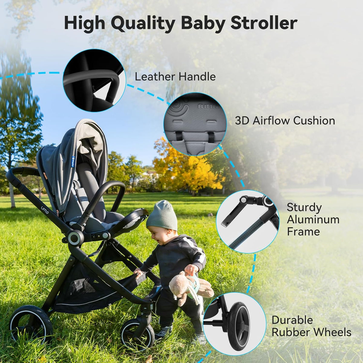 EMU kinderwagen tegen rijrichting buggy, opvouwbaar, compacte babybuggy, zwart, omkeerbaar zitje, kinderwagen met ligfunctie, voor klein van 0 tot 3 jaar (0-25 kg)