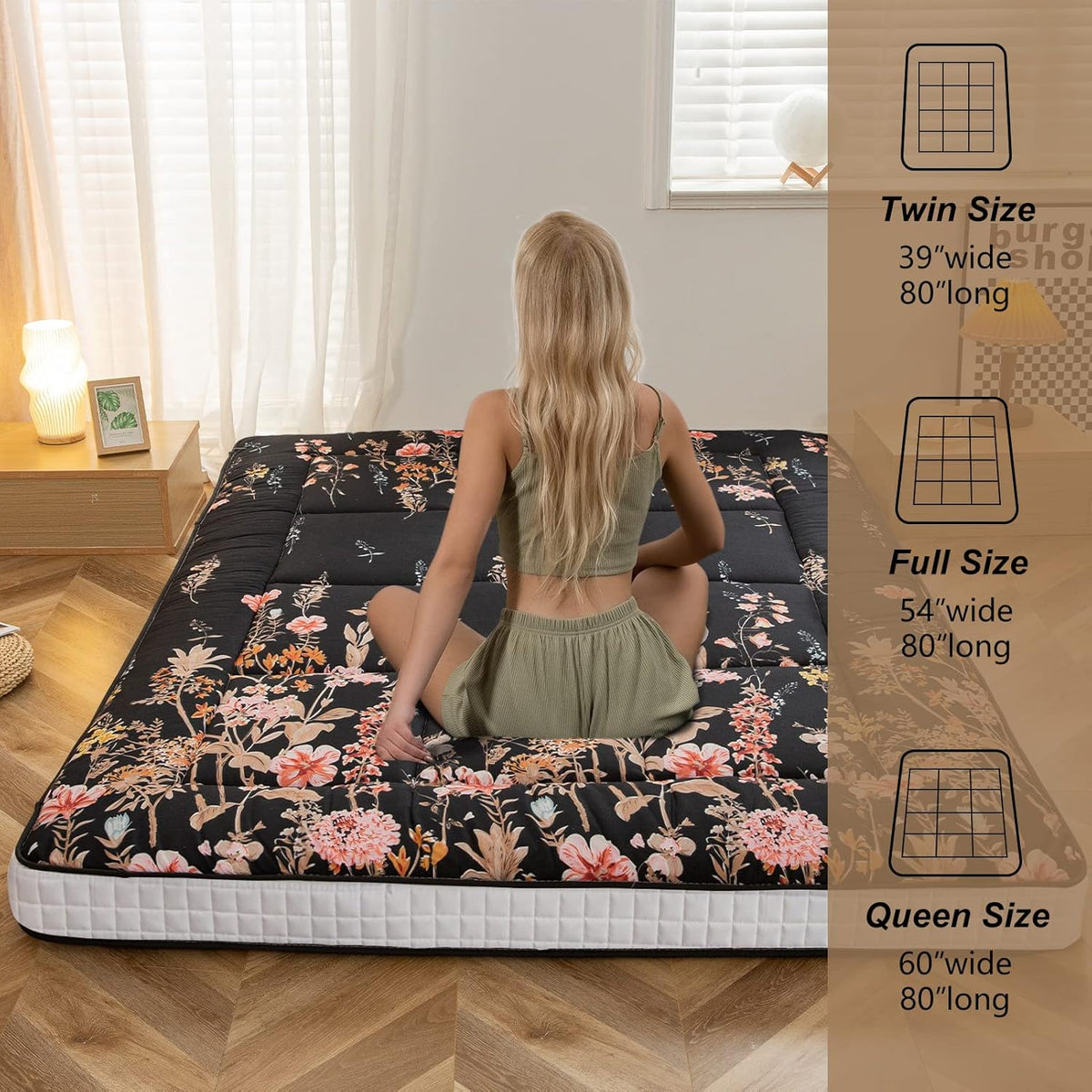 MAXYOYO Futon-matras, gewatteerde Japanse vloermatras, gewatteerde bedmatrashouder, extra dik opvouwbaar slaapkussen, ademend vloerligbed voor campingbank (zwarte bloemen, enkel)