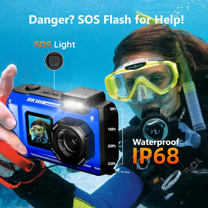 MaxMango 8K 70MP digitale camera 33FT onderwatercamera, 64GB digitale camera om te snorkelen, 18x dubbel scherm, selfies, robuust, stofdicht, schokbestendig, autofocus