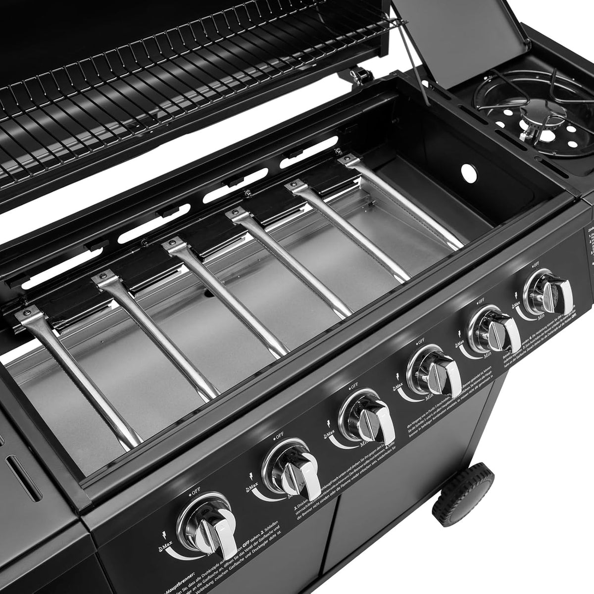 TAINO Basic BBQ Gas Grill, Grill Cart, Stainless Steel Burner + Side Burner, Grill (Basic 6+1 Gas Grill) - QUORE