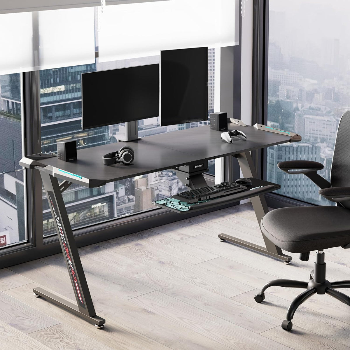 Eureka Ergonomic Gamingtafel, 153 × 60 cm, groot gamingbureau, tafel met ledverlichting, gamer, pc-tafel, desktop op koolstofvezel, gaming computertafel