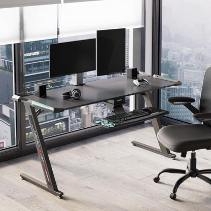 Eureka Ergonomic Gamingtafel, 153 × 60 cm, groot gamingbureau, tafel met ledverlichting, gamer, pc-tafel, desktop op koolstofvezel, gaming computertafel