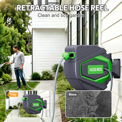 Wandslangbox, automatisch, 28 + 2 m, uittrekbare tuinslang met wandhouder, 180 graden draaibaar, Any-Stop en multifunctioneel mondstuk, uv-bestendige slanghaspel voor tuin, terras, reiniging