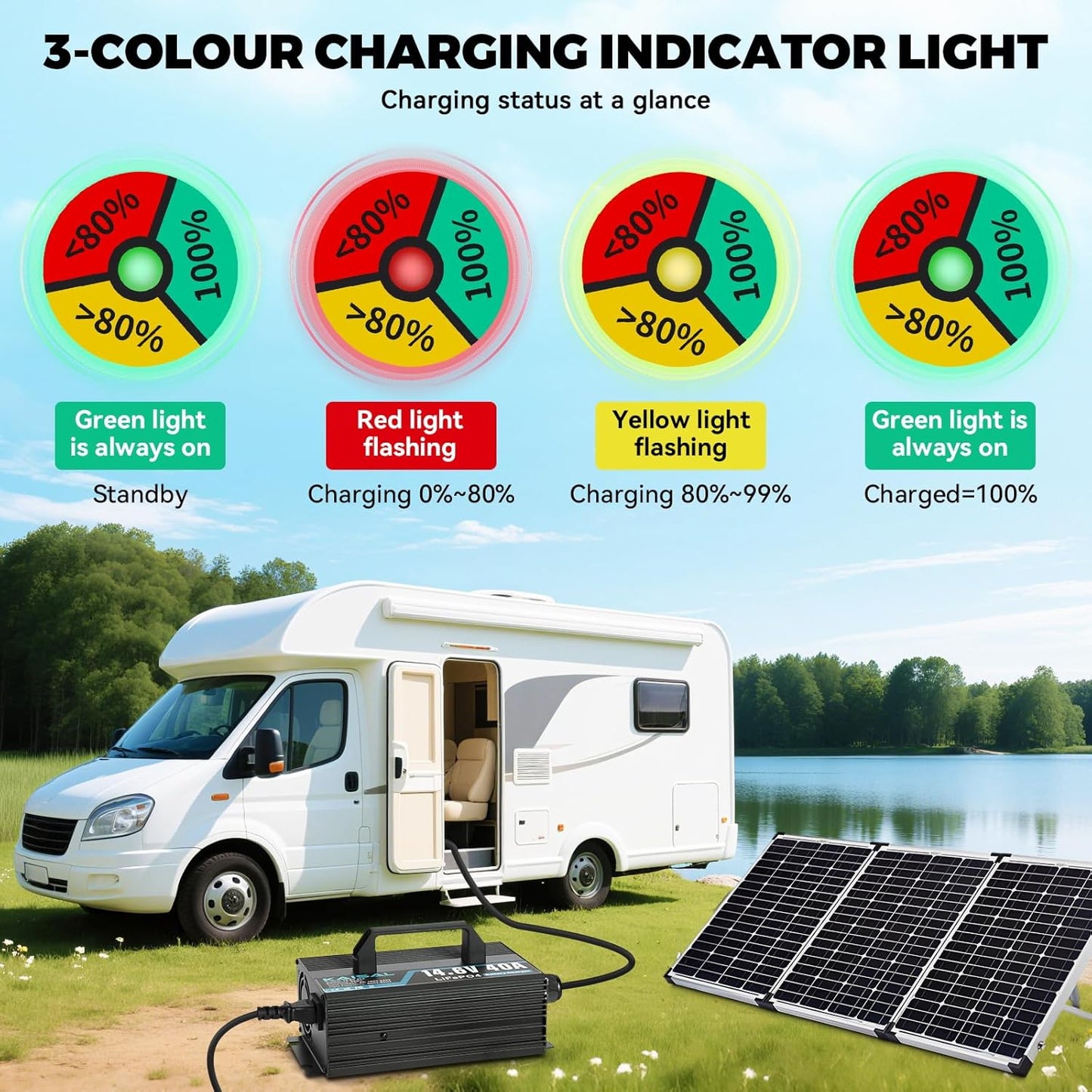 LiFePO4 Acculader – Lithium Acculader – Batterijlader – 12V Acculader – Camper Acculader – 14,6V 40A Snel Opladen – 0V Activeringsfunctie Voor Diep Ontladen