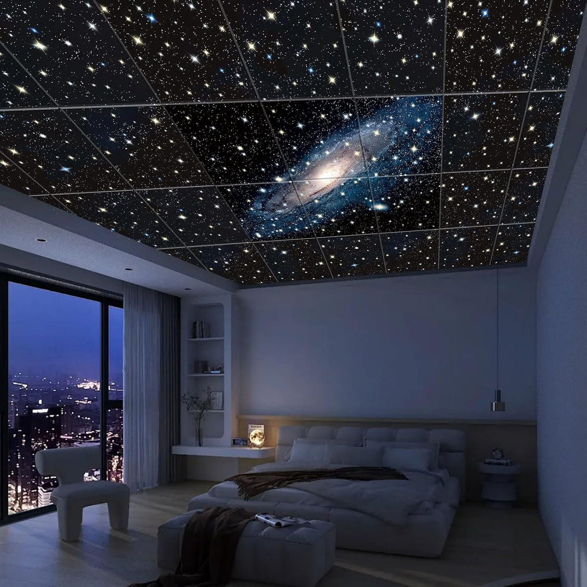 JBER Art Akoestische panelen met knipperlichten van sterrenlicht, set van 6 zelfklevende grote muurkunst schilderijen voor celdecoratie, geluidsabsorberende panelen voor (Nebula-01, 180×120CM)